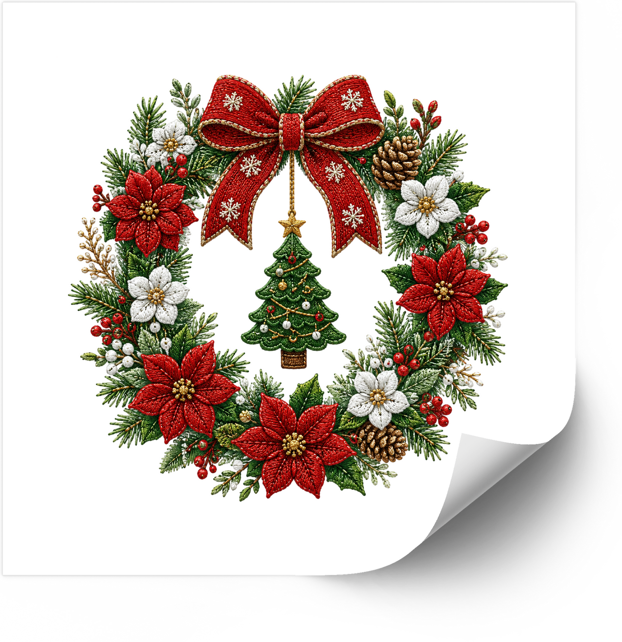 Christmas Poinsettia Wreath Sticker | Festive Embroidered Holiday Vinyl Decal | Christmas Decor Gift